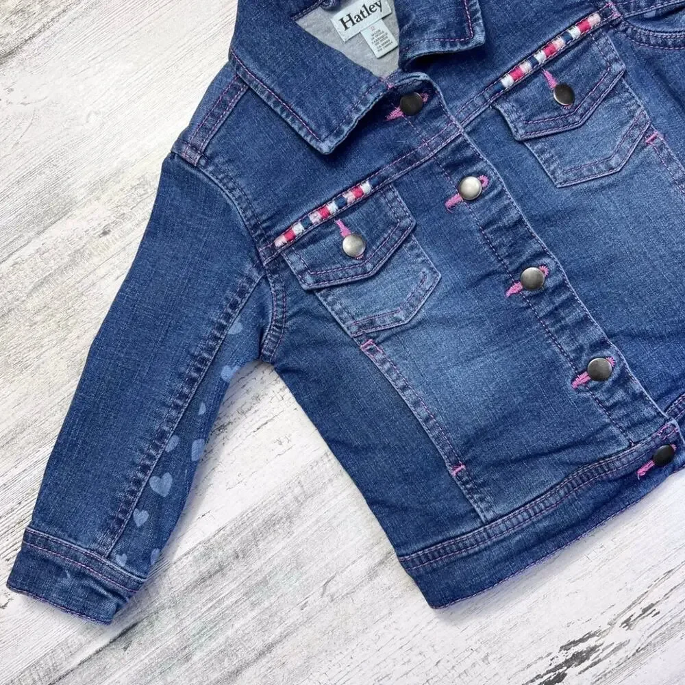 Hatley Jacket Girls 2 Blue Denim Heart Print Lined Embroidered